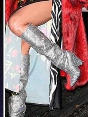 INC International Concepts Sparkle Knee-High Block Heel Boots - Silver Size 6.5